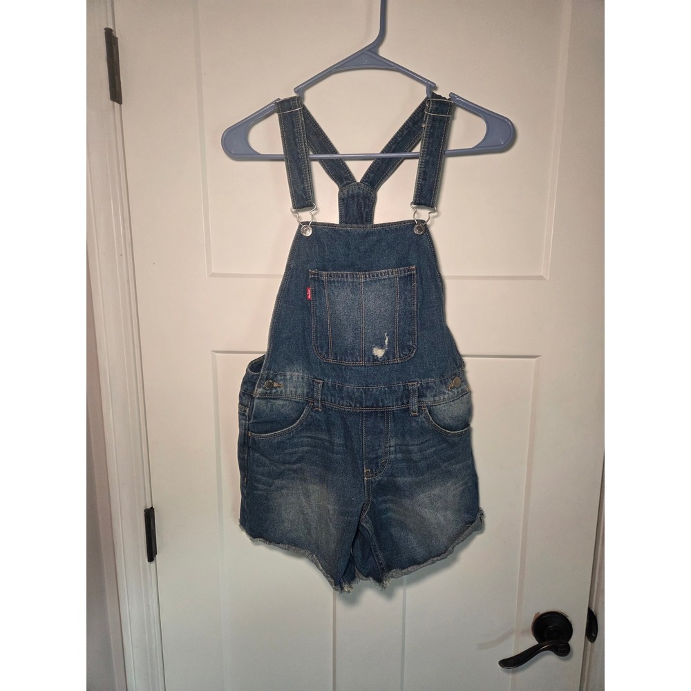 Levi's Girls Denim Shortalls Medium Wash Distressed Overalls Size 14 Regular